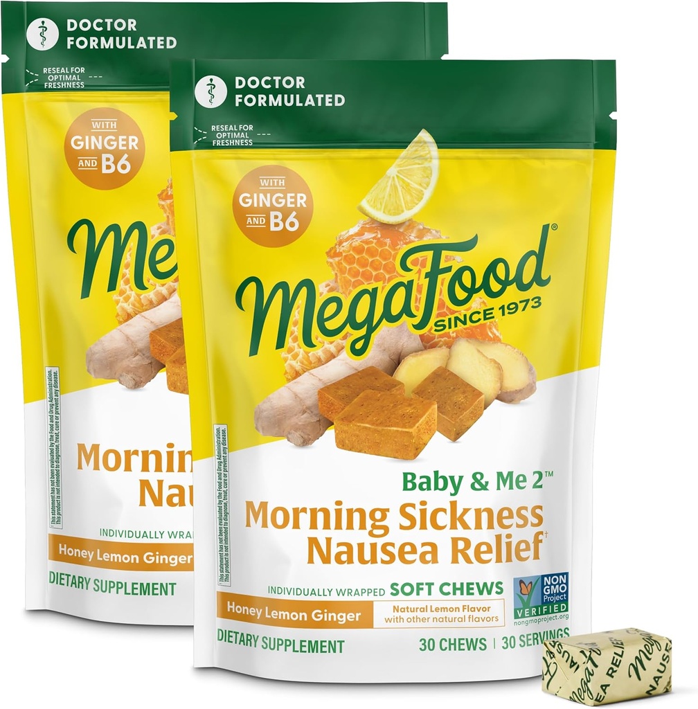 MegaFood Baby & Me Prenatal Morning Sickness Relief, Ginger Chews, mit Vitamin B6, Hergestellt ohne 9 Lebensmittel Allergene, Honig Lemon Ginger Flavor, 30 Chews (Pack von 2)