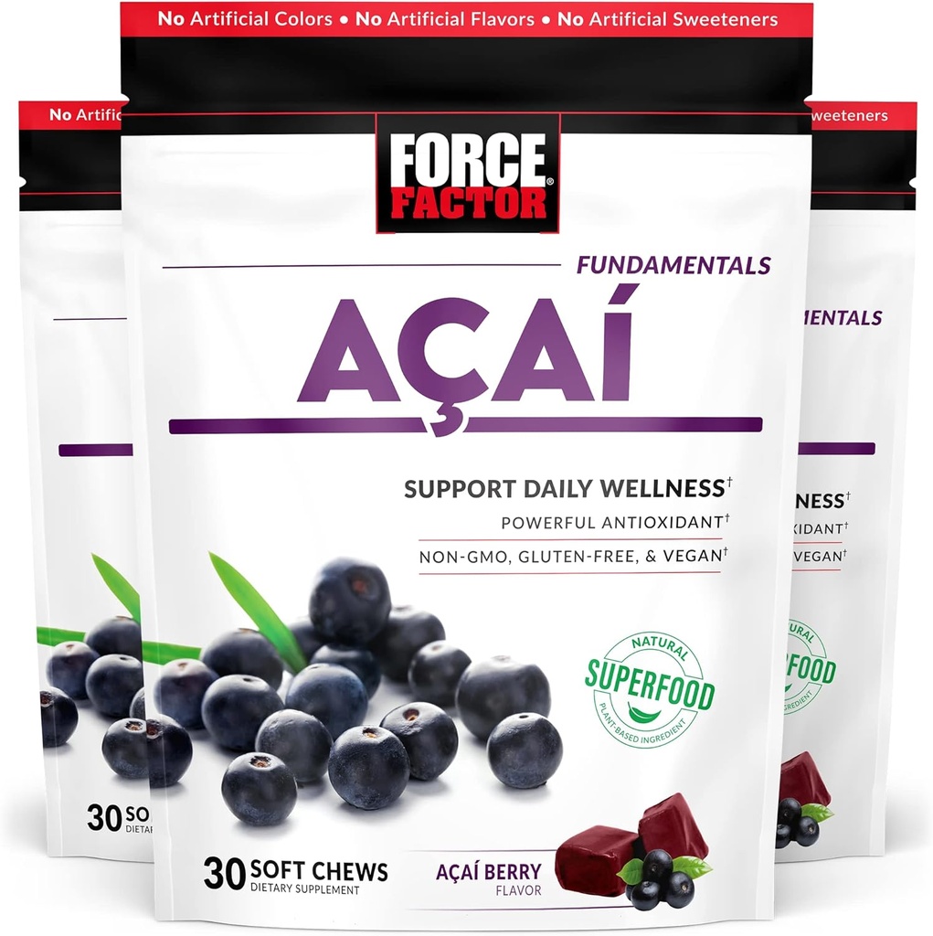 Force Factor Acai Soft Chews per il supporto immunitario, Oxidative Stress Defense, Superfood and Antioxidants Supplement, Non-GMO, Gluten-Free, and Vegan, Acai Berry Flavor, 30 Soft Chews, 3-Pack