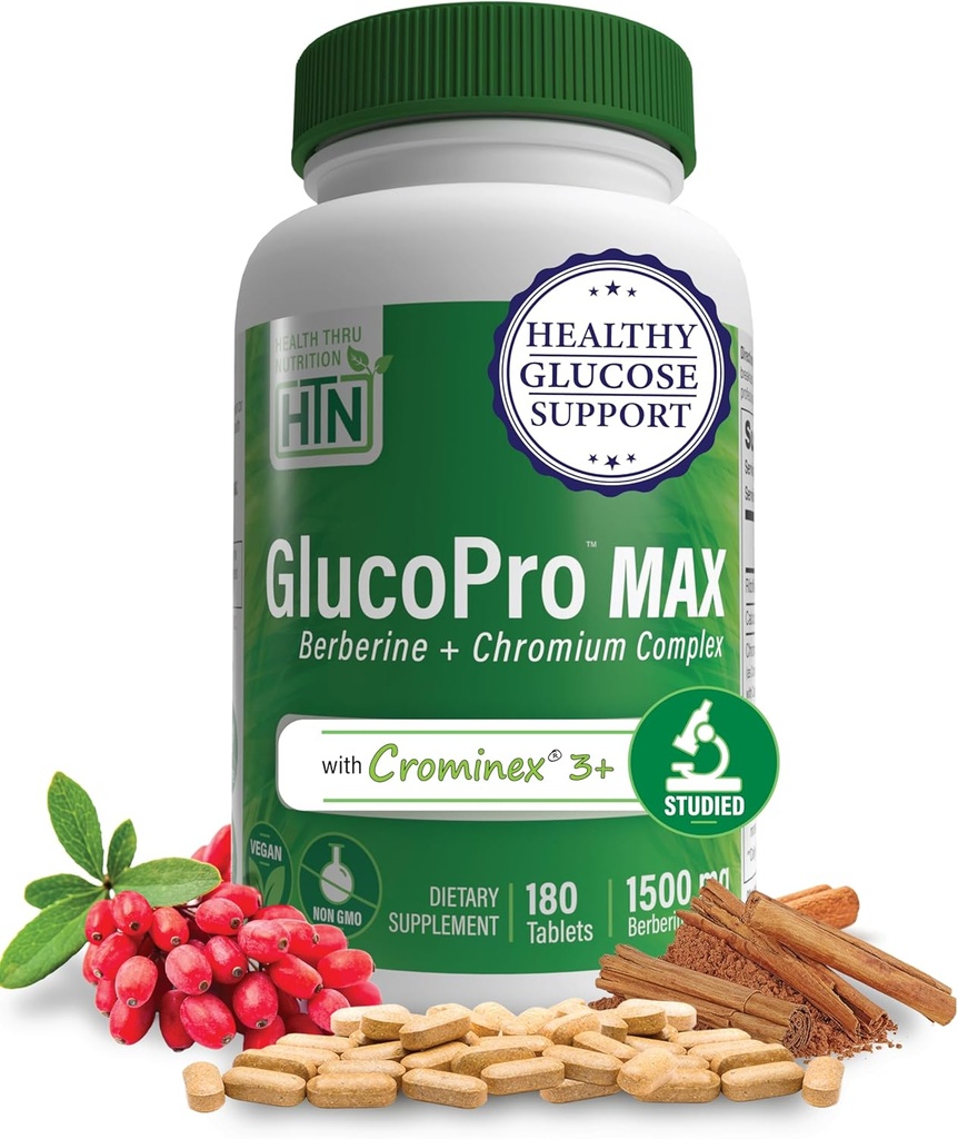 Health Thru Nutrition GlucoPro Max - mit 1.500mg Berberine, Chrominex + Chromium und 1.000mg Cinnamon | Vegan, Non-GMO, Gluten Free | Pack von 180