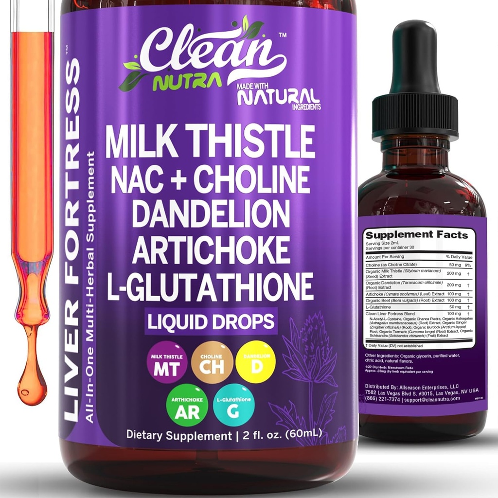 Clean Nutraceuticals Milk Thistle NAC Liver Cleanse Detox & Repair Supplement Liver Support Liquid Drops with Dandelion Extract, Artichoke, Chanca Piedra, Choline, L-Glutathione, Burdock, Schisandra