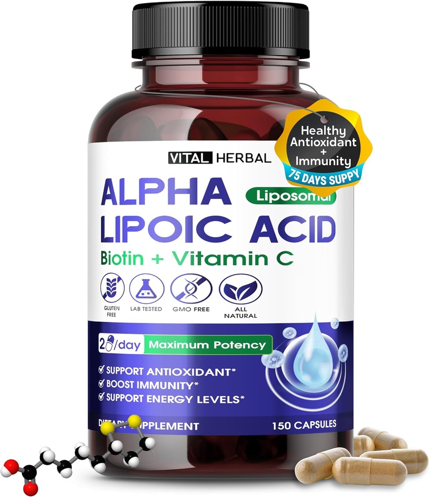 VITAL HERBAL Acide liposomique alpha lipoïque avec biotine, vitamine C- puissance maximale - soutient l'immunité, les niveaux d'énergie- Fabriqué aux États-Unis