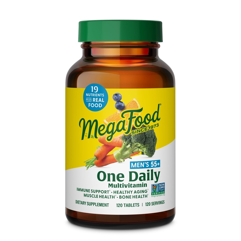 MegaFood Hommes 55+ Un jour - Multivitamine pour les hommes avec vitamine B12, C, D & Zinc - Supplément optimal de vieillissement et de soutien immunitaire - Végétarien - Fait sans 9 allergènes alimentaires - 120 onglets