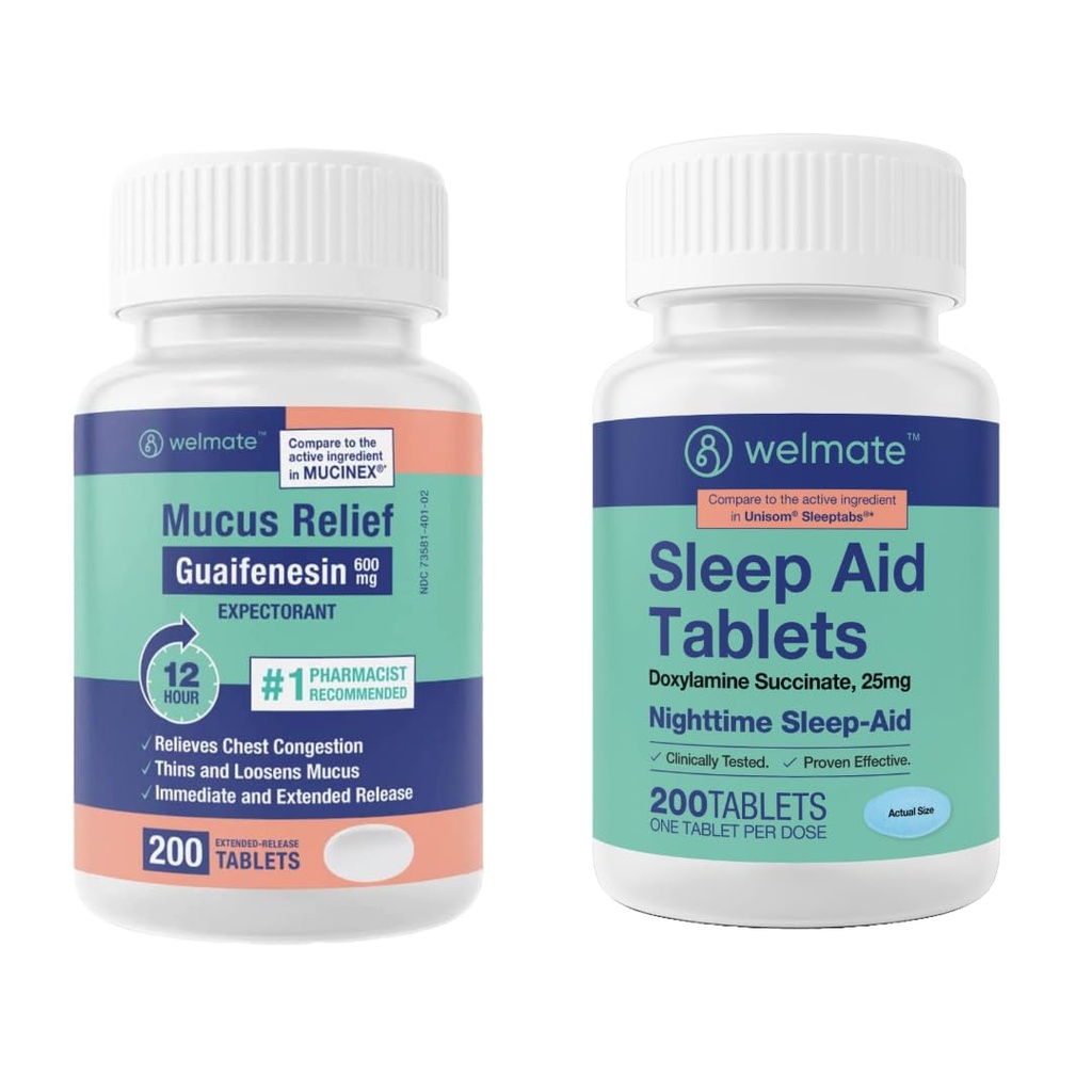 WELMATE Nighttime Wellness Bundle: Mucus Relief Guaifenesin 600mg Mucus Relief (200 Ct) & Doxylamine Succinate 25mg Schlafhilfe (200 Ct) | Extended Relief for Restful Sleep