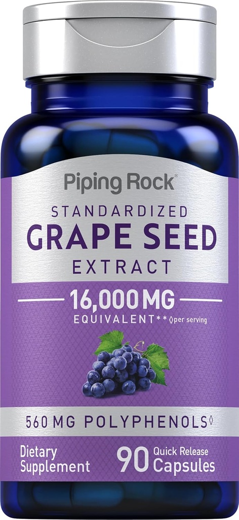Piping Rock Grape Seed Extract Capsules | 16.000mg | 90 Pills | Vitis Vinifera Supplement | Non-GMO, Gluten Free