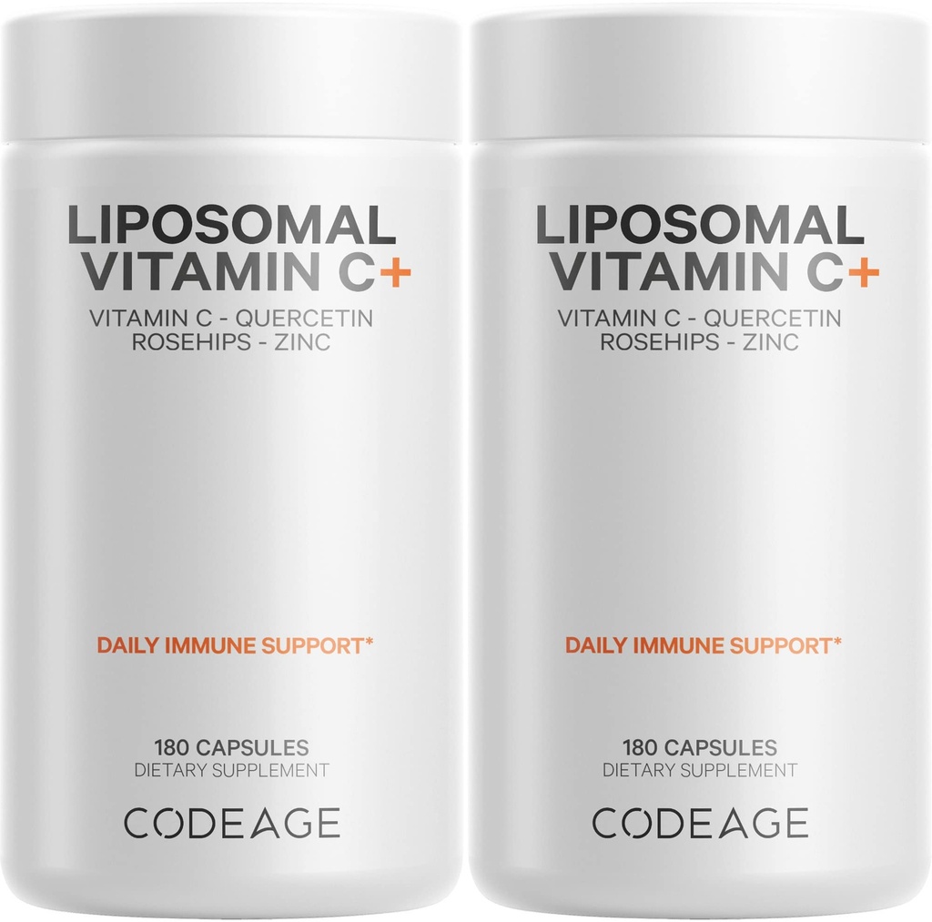 Codeage Liposomal Vitamina C 1500mg con Zinco, Elderberry, Citrus Bioflavonoids Pompelmo, Limone, Polvere arancione, Quercetin & Rose HIPS Frutta – Integratore Vegan - Non OGM, Pillole Vegane - 2 Confezione