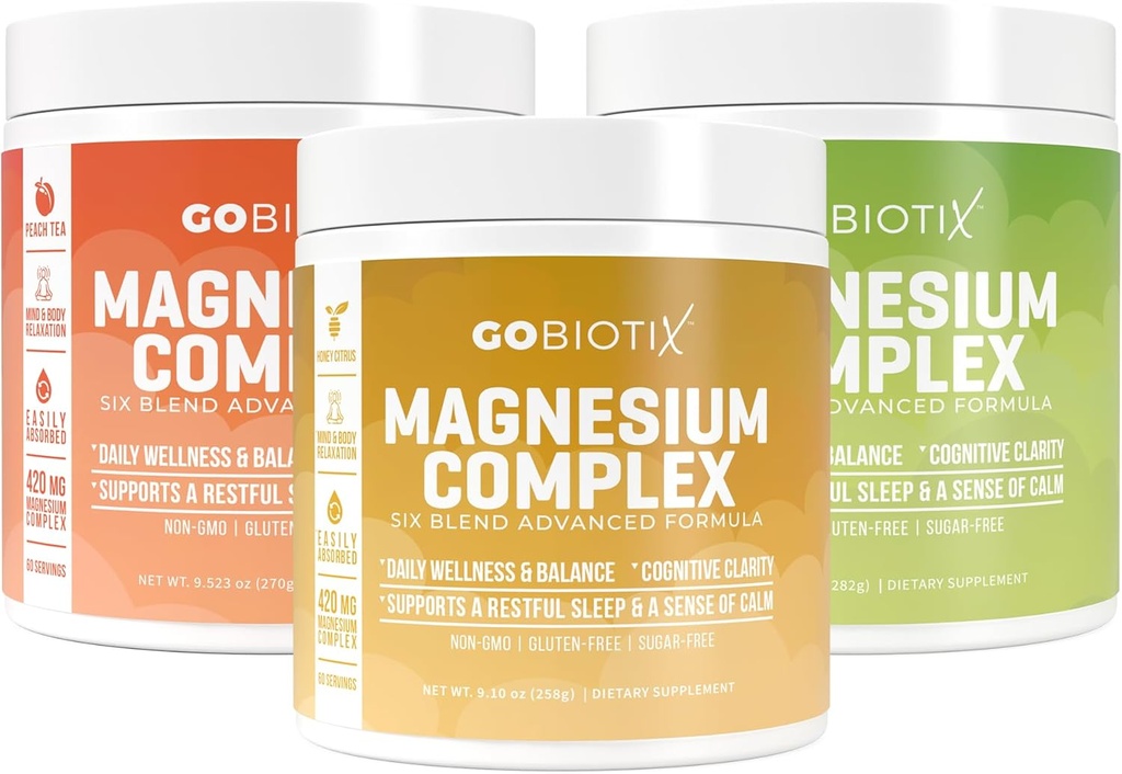 GoBiotix Magnesium Complex Powder Trio - 420mg, 60 Servings - Honey Citrus, Lemon Lime, Peach Tea
