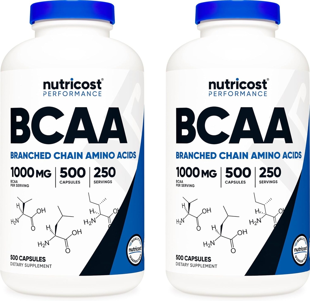 Nutricost BCAA 1000mg, 500 Kapseln (250 Serv), 2:1 Verzweigte Kettenaminosäuren (500mg L-Leucin, 250mg L-Isoleucin und L-Valine) (2 Flaschen)