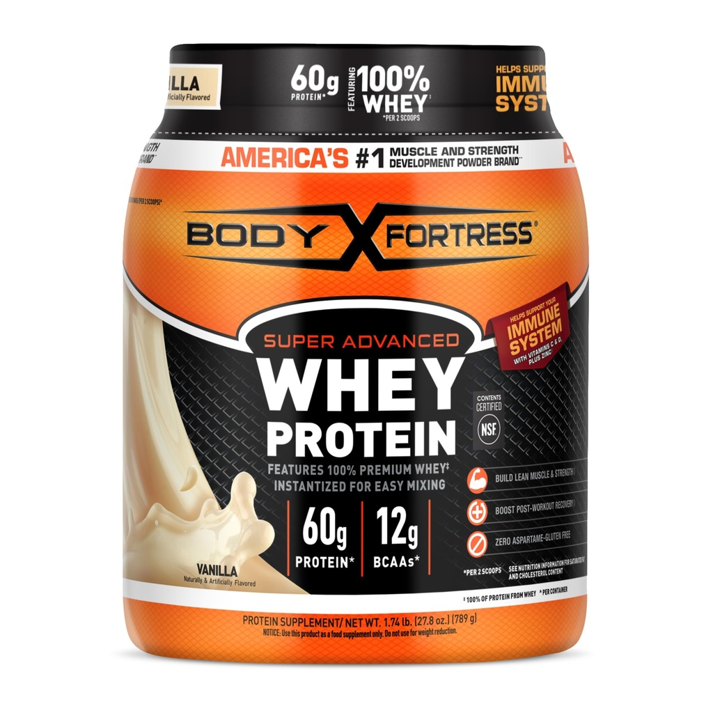 Body Fortress Super Advanced Whey Protein Powder, Vanille, Immununterstützung (1), Vitamine C & D Plus Zink, 1,74 lbs