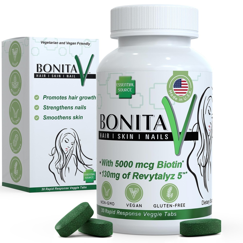 Biotina di origine essenziale (Biotina Vitaminas) - Vitamine per capelli Pelle Vitamine per donne e uomini - 5000 mcg - Integratori di sostegno per la crescita dei capelli - 30 compresse - con Revytalyz 5, Vitamina A, C, B12 - Made in USA