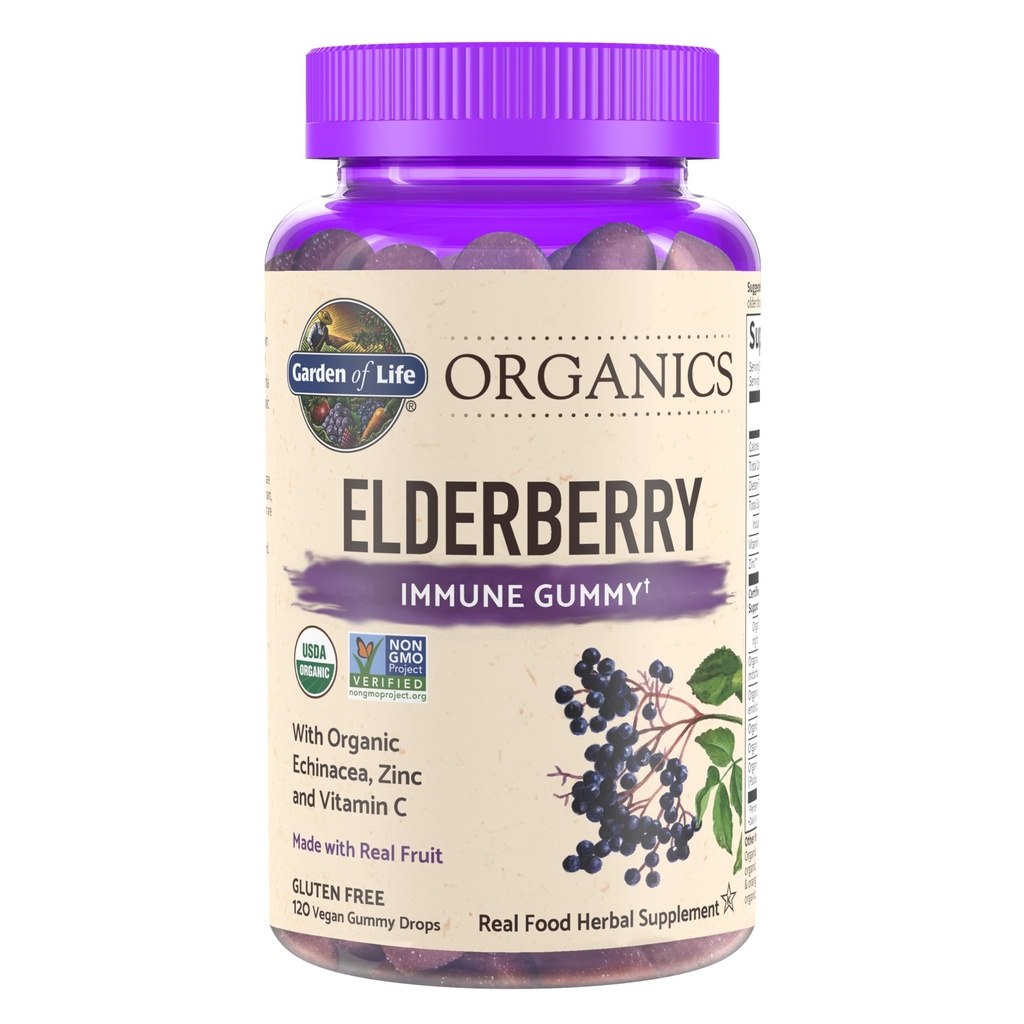 Jardin de la vie Bios Gommies de baies aînées pour adultes et enfants - Supplément de soutien immunitaire avec fruits biologiques, mélange à base de plantes, baies aînées, Echinacea, zinc, vitamine C, 120 Gummes sans gluten végétalien