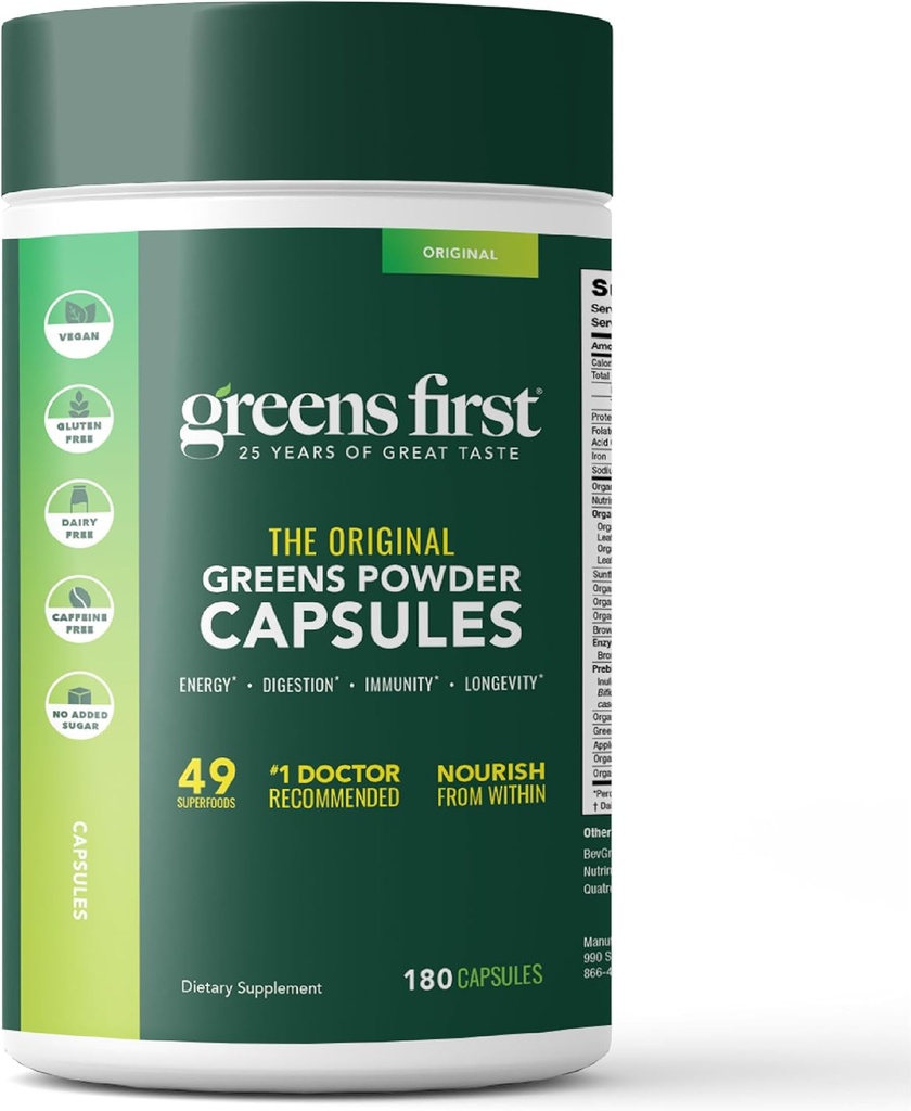 Greens First PRO Phytonutrient Capsules - 30 Servierungen - 54 Antioxidantien Superfoods, Bio Obst & Gemüse - Präbiotika, Probiotika & Verdauungsenzyme - Dairy & Wheat-Free, Non-GMO - 180 Kapseln