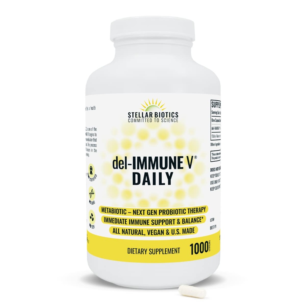 Del-Immune V® Daily by Stellar Biotics, All-Natural Immune Support & Gut Health, Assistenza immediata, Metabiotica: Terapia Probiotica NextGen (1000 Caps)