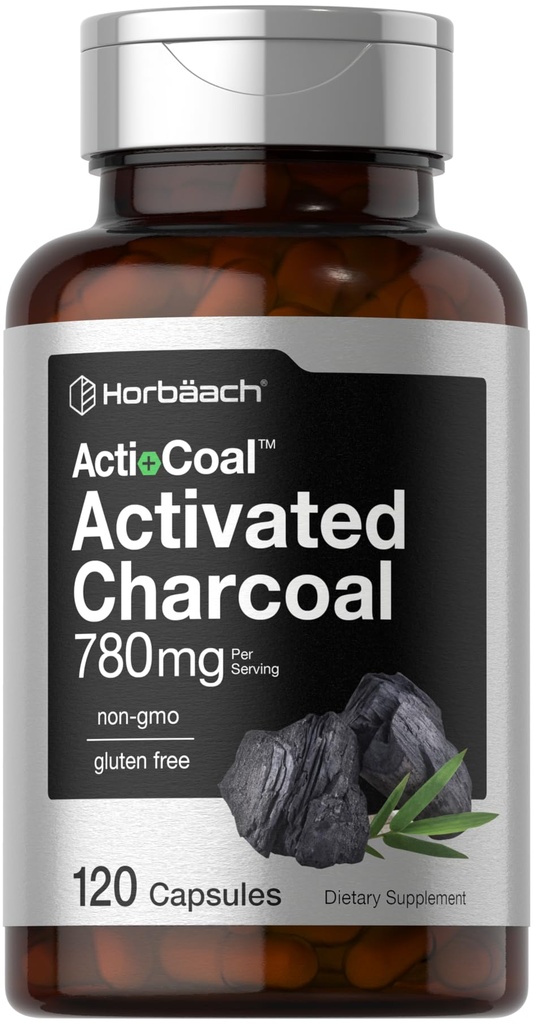 Horbäach Charcoal Pills 780mg | 120 Capsules | Activated Charcoal from Coconut Shells | Non-GMO and Gluten Free | Acti-Coal