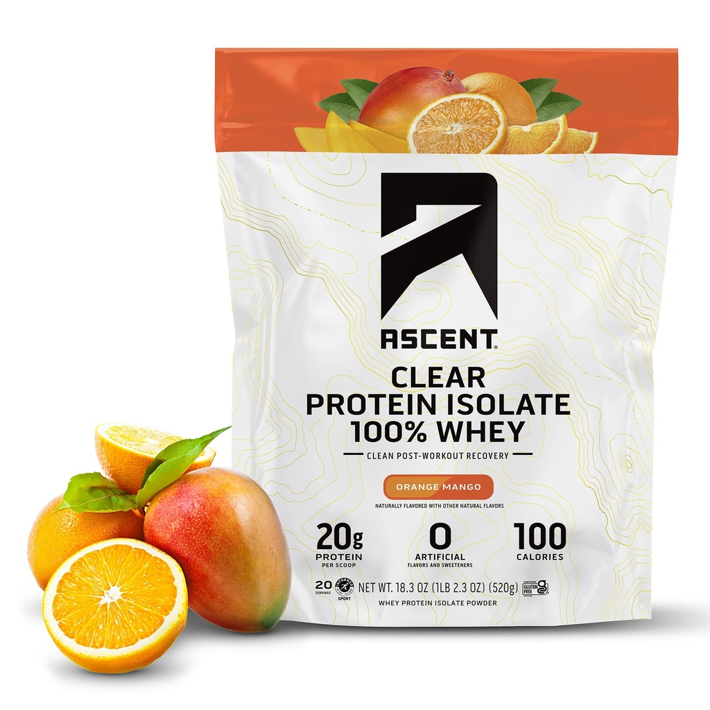 100% klar Whey Protein Pulver - Post Workout, Zero Künstliche Aromen & Süßungsmittel, Glutenfrei, 5.5g BCAA, 2.1g Leucine, Essential Amino Acids, Orange Mango, 20 Portionen