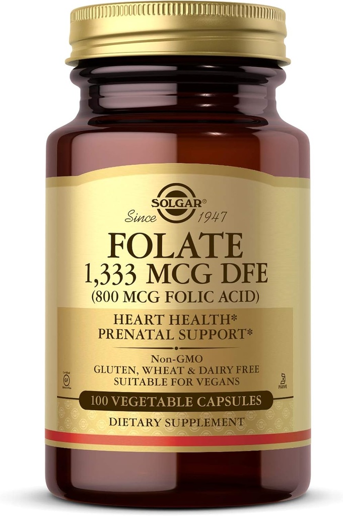 Solgar Folate 1.333 mcg Dietetico Folato Equivalente (800 mcg Folic Acid), 100 Capsule Vegetali - Heart Health, Healthy Nervous System, Prenatal Support - Non-GMO, Vegan, Gluten Free - 100 Servings