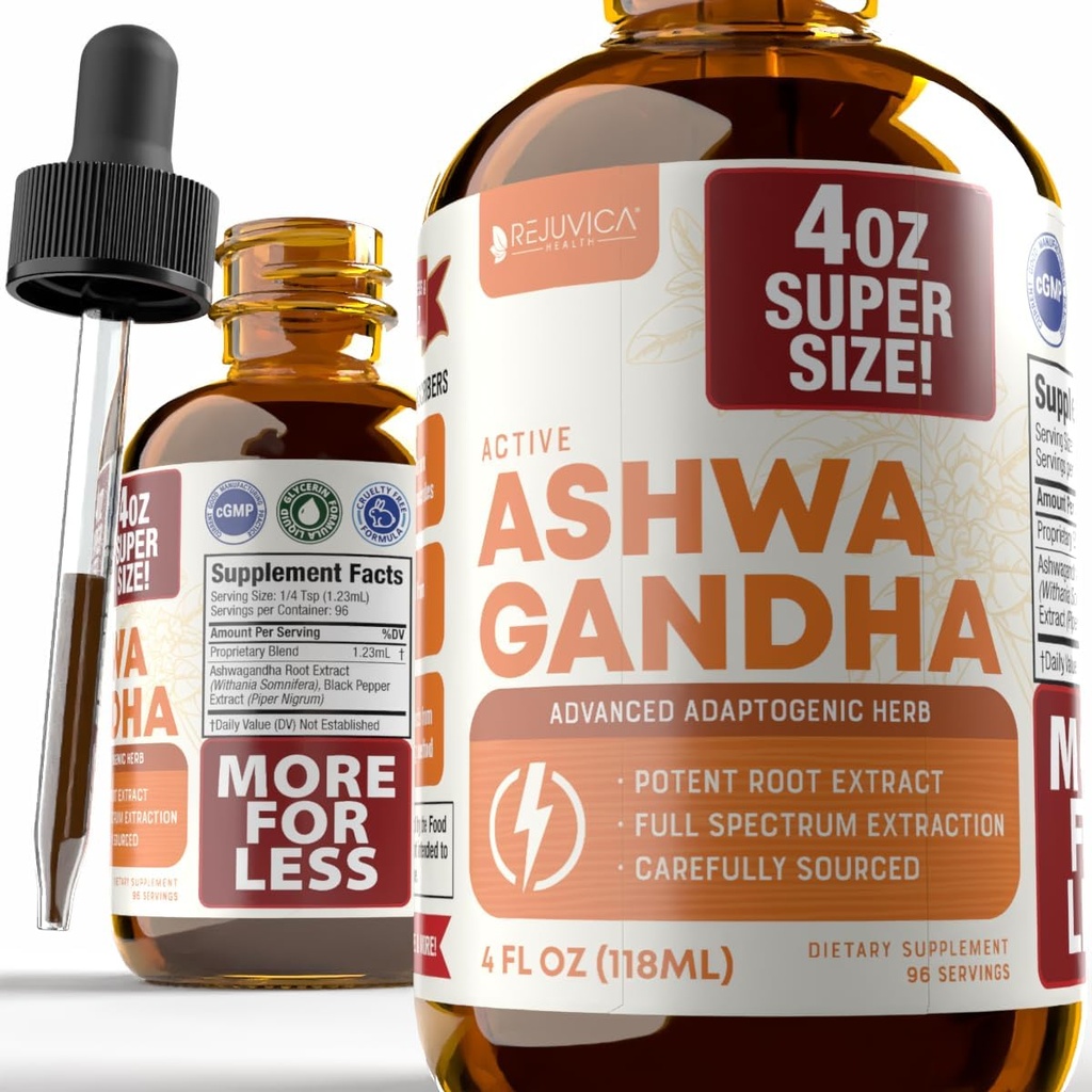 Rejuvica Salute Attivo Ashwagandha 4oz XL Super Size - Advanced Liquid Supplement Tincture - Withania Somnifera Extract Drops - Ashwagandha Roots Only - Naturally Occurring Withanolides