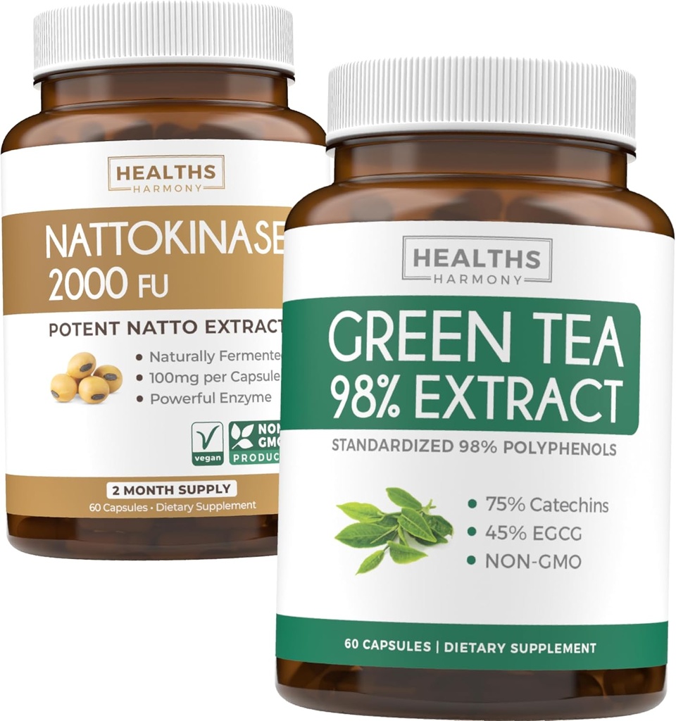 Nattokinase & Green Tea (1-Meth Supply) Energy Boost Bundle - Nattokinase 2000 FU Puissant soja naturellement fermenté (60 capsules) & extrait de thé vert 98% avec EGCG (non-OGM) Métabolisme naturel Boost