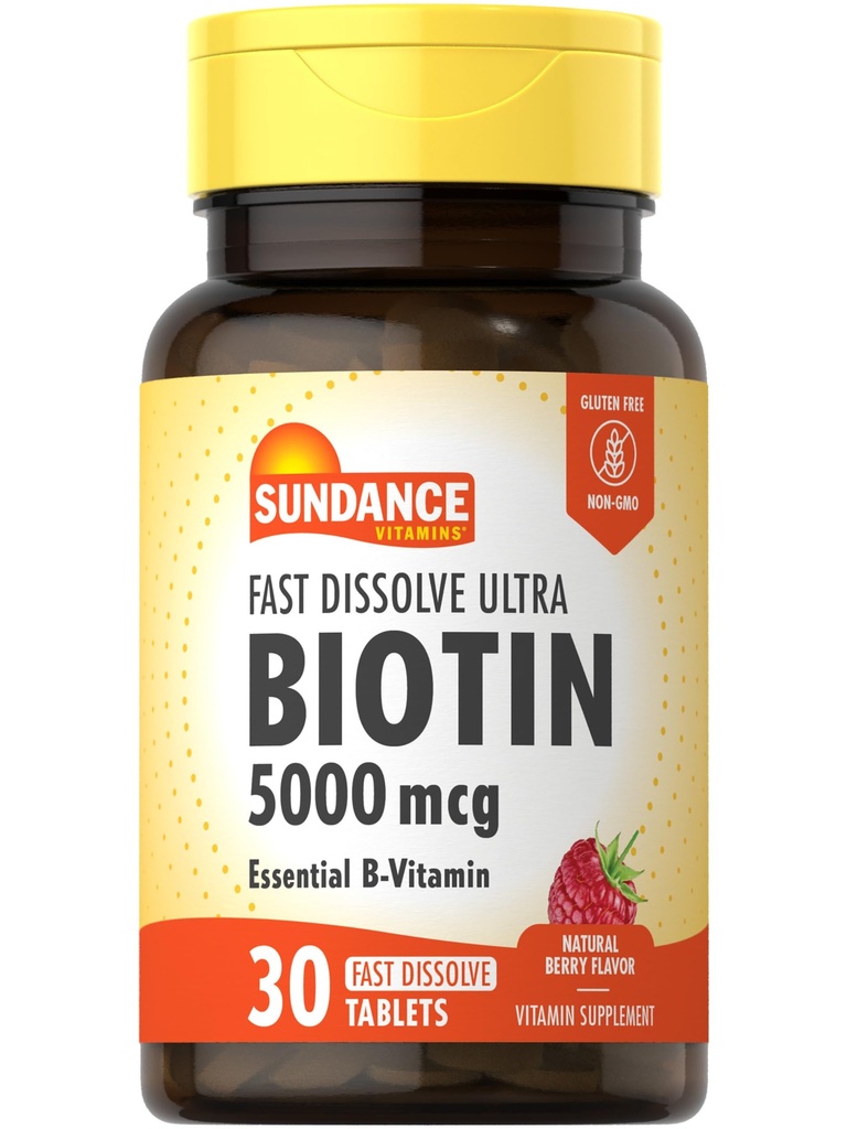 Sundance Fast Dissolve Biotin 5000mcg | 30 compresse | Essential B-Vitamin | Natural Berry Flavor | Vegetariano, Non OGM e Gluten Free Supplement