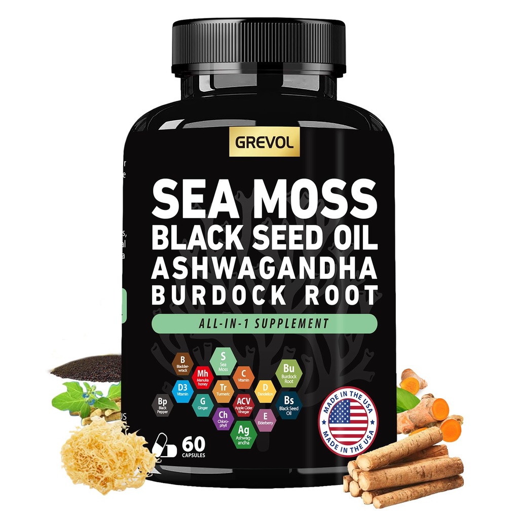 Mousse de mer Huile de graines noires Ashwagandha Bladderwrack Root Turcuma et vitamine C D3 Piment noir de la mûre aînée - Supplément multiminéral - 60 Compte