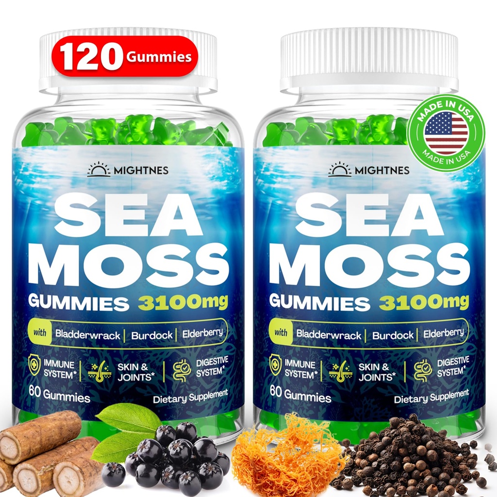 Gummées de mousse de mer, 3100mg Gummées de mousse de mer pour les femmes et les hommes avec bladderwrack, root de lard, vitamine C de la mûre aînée et zinc pour le nettoyage de détox, Immune, peau, digestif, biologique, 120Ct