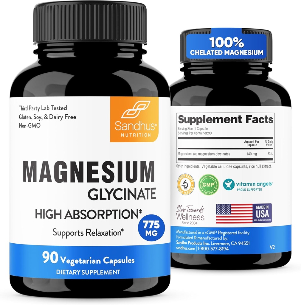 Sandhu's Superior Absorption Magnesium Glycinate 775mg|140mg Elemental Magnesium Capsules|90 Count, 90 Tage VersorgungsSupports Restful Sleep & Muskel Health |Pure, Non GMO & Gluten Free