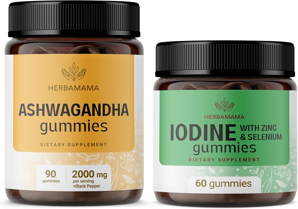 HERBAMAMA Kit Ashwagandha et Iodine - lot de 2000 mg Ashwagandha Racine et Potassium Iodine, zinc et sélénium Gommies - végétalien, non-OGM, sans gélatine - 2 emballages