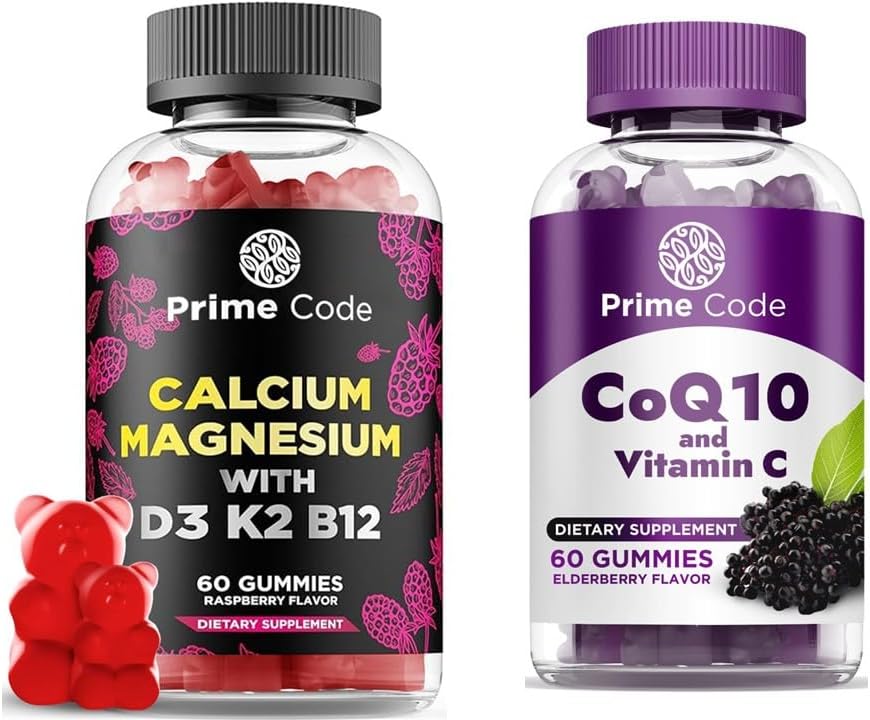Code Prime Gommies de calcium pour les femmes et les hommes avec vitamine de magnésium B12 vitamine K2 et vitamine D3, CoQ10 200mg et vitamine C 250mg Gommies