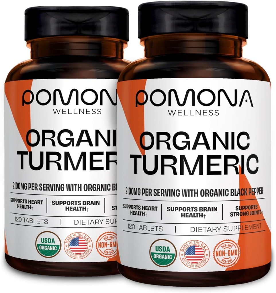Pomona Wellness Organic Turmeric Supplement 2100 mg, USDA Organic, Non-GMO, Vegan, Kurkuma mit schwarzem Pfeffer für Absorption, für Gelenkunterstützung und Immunität, 240 Tabletten (2 Pack)