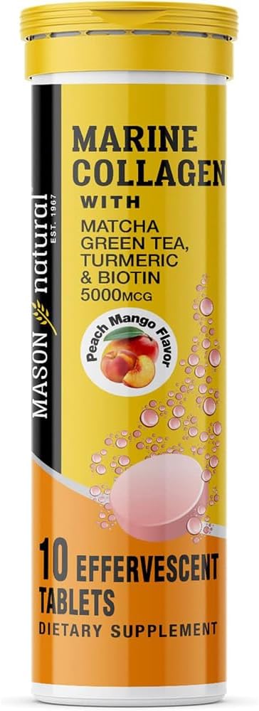 MASON NATURAL Colagène marin avec thé vert Matcha, curcuma et biotine - Cheveux sains, peau et ongles et articulations, puissant antioxydant, 10 comprimés effervescents