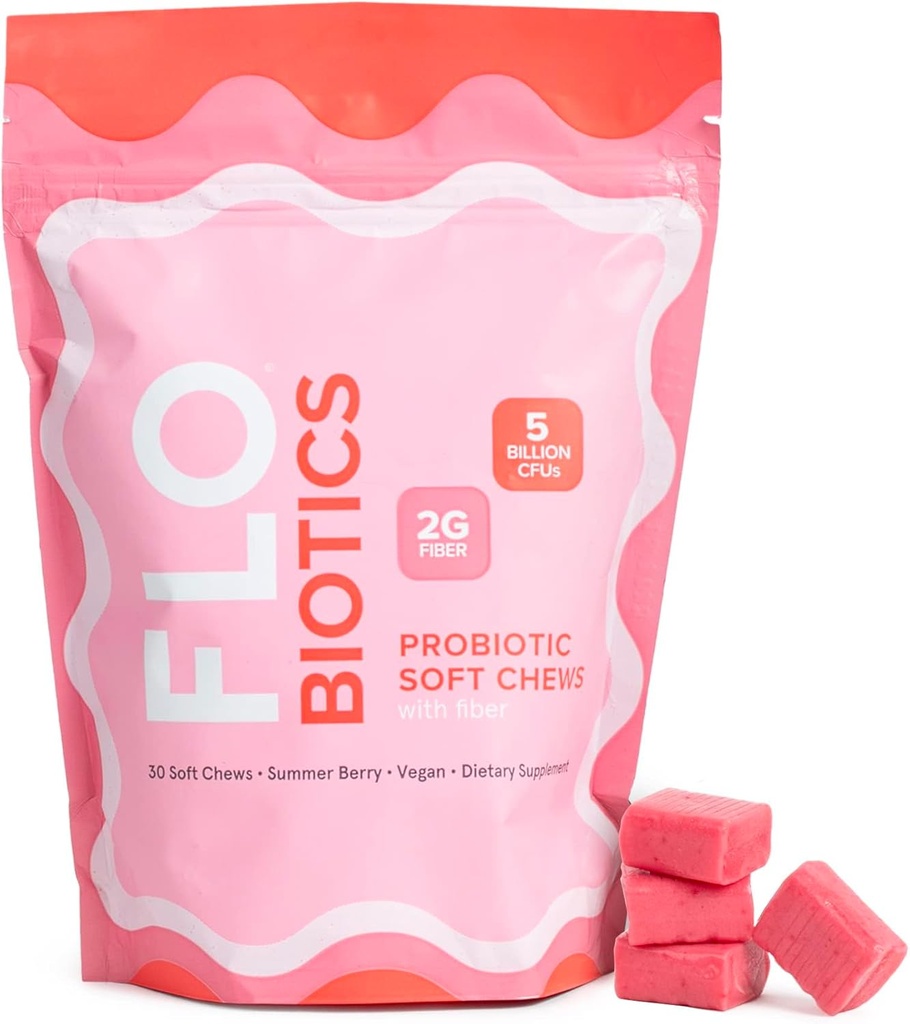 FLO-Biotics Probiotic Soft Chews for Digestive Health, Healthy Gut Flora & Occasional Constipation Relief – Vegan Digestive Health Probiotic Gummies Gut Supplement Berry Flavor - 30 Count (Pack 1)