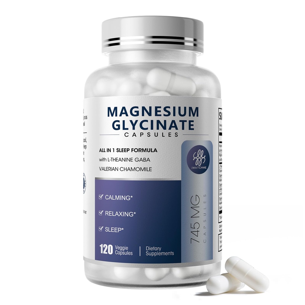 Magnesium Glycinate 850mg Kapseln mit L-Theanin, Kamille & GABA für Schlaf, Ruhe, Muskel, Knochen Gesundheit & Immununterstützung, Magnesium für Frauen und Männer, Vegan, High-Absorption, 120 Zähler