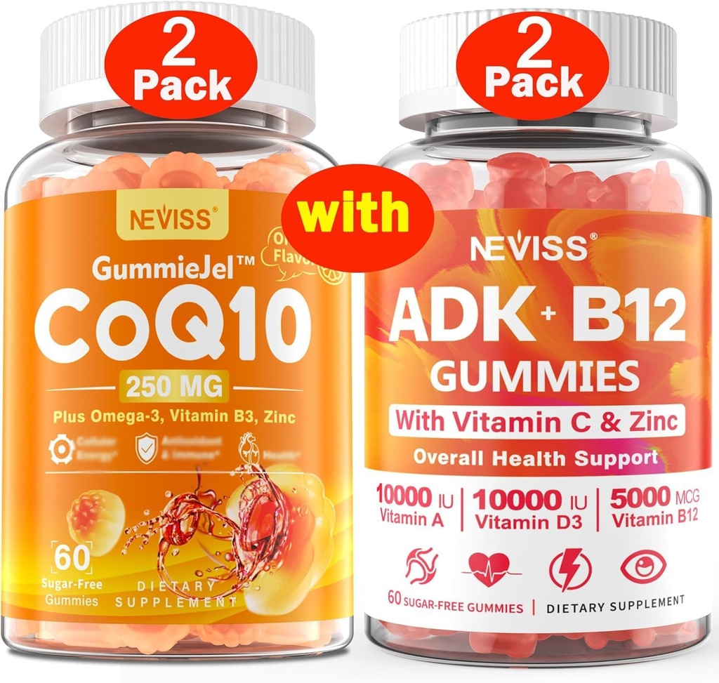 NEVISS 2Pack CoQ10-250mg Filled Gummies + 2Pack Vitamin ADK con B12 Gummies