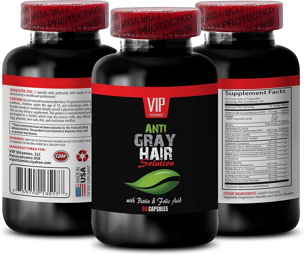 Verjüngungs-Schönheit - Graue Haar-Lösung - mit BIOTIN & FOLIC Säure - Netzteile Kapseln, Paba-Ergänzung, Gray-Haar-Ergänzung, Folate-Ergänzung für Frauen, Vitamine für graues Haar Reversal, 1B 60 Caps