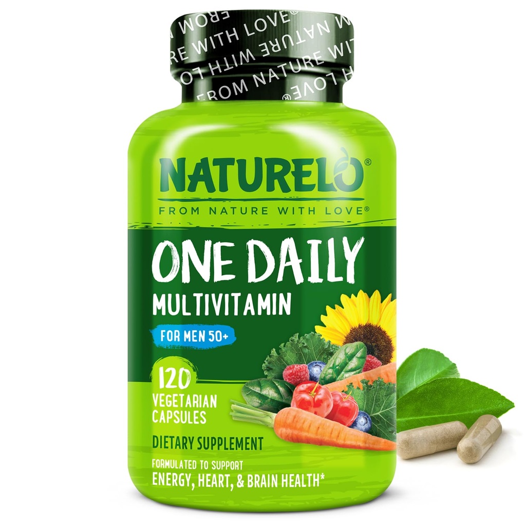 NATURELO Mens Multivitaminici per Uomo 50+ - Un Multivitaminico Giornaliero per Uomo con Vitamine, Minerali & Organici Alimenti Interi, Boost Energy & Health, Non OGM, 120 Capsule Vegetariani