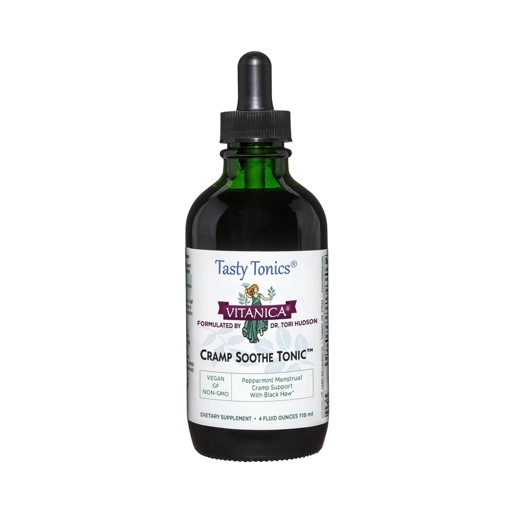 Vitanica Cramp Soothe Tonic, Dr Formulated Menstrual Cramp Support, mit Black Haw Bark, Valerian Root, Ginger Root und Garrya Herb, Alkoholfrei, Vegan, 4 Unze