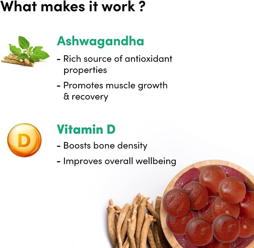 Ashwagandha Vitamin D Gummies | Hilft Stärke, Energie und Immunität zu verbessern | Vegan & Gluten-Free | 60 Gummie