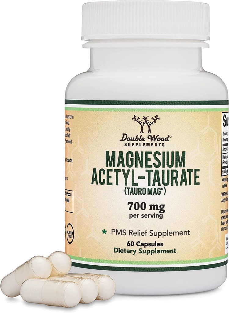 Magnesium Acetyl-Taurat (ATA MG, TauroMag) Neuartige und patentierte Form von Magnesium für PMS und Cramp Relief (60 Kapseln, 350mg) PMS Relief Magnesium Beilage durch Doppelte Holz Beilagen