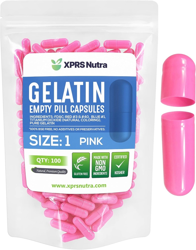 XPRS Nutra Size 1 Capsule Vuote - 100 Conta Capsule Gelatini Vuoti - Pillole per Riempimento Capsule fai da te - Pure Bovine Pill Gel Caps per Integratori Do-It-Yourself (Pink)