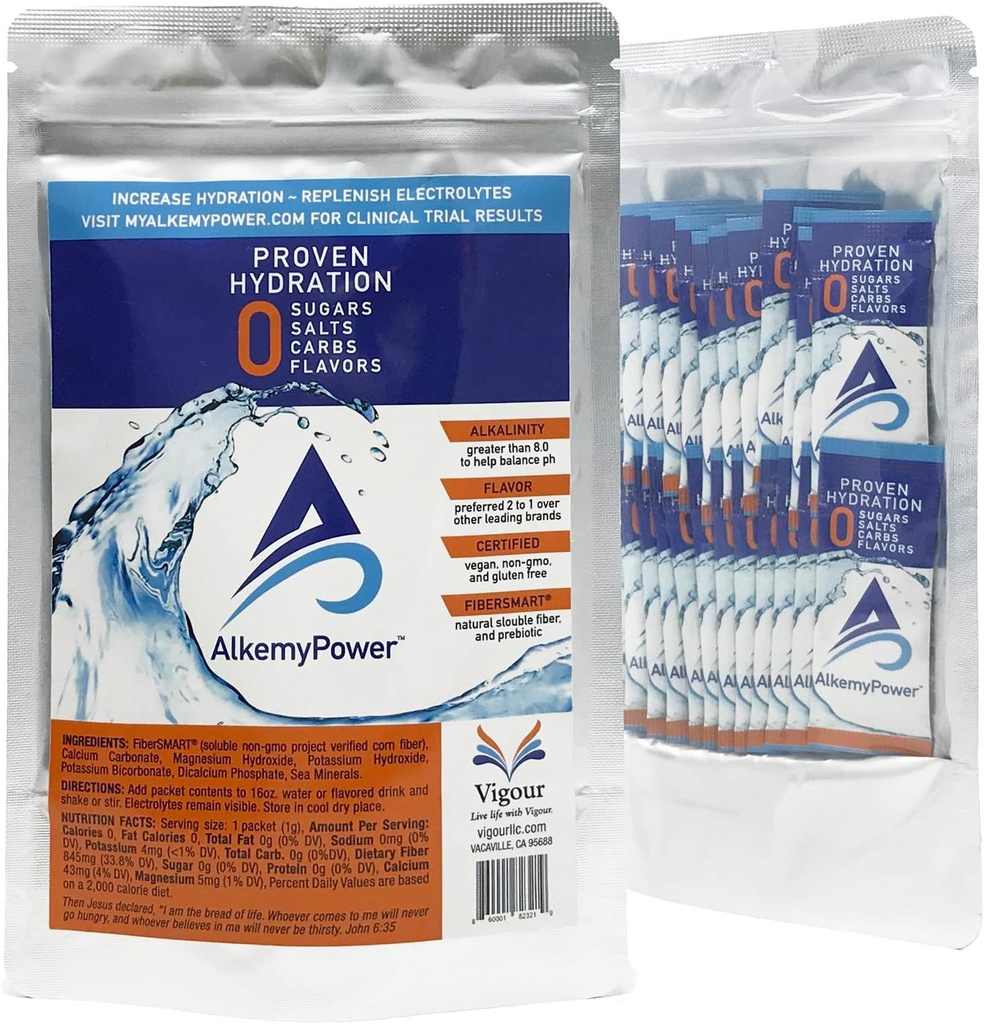 Poudre d'électrolyte d'hydratation AlkemyPowerTM, sans sucres, sels, glucides, arômes ou calories, 100% naturel, emballage de bâton pratique, 30 comtes