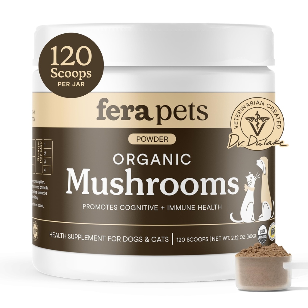 Integratore di funghi per cani e gatti con tacchino - USDA Organic - Supporto cognitivo e immunitario - Migliora la funzione del fegato - Supporta un Gut sano - Polvere - 120 Scoops