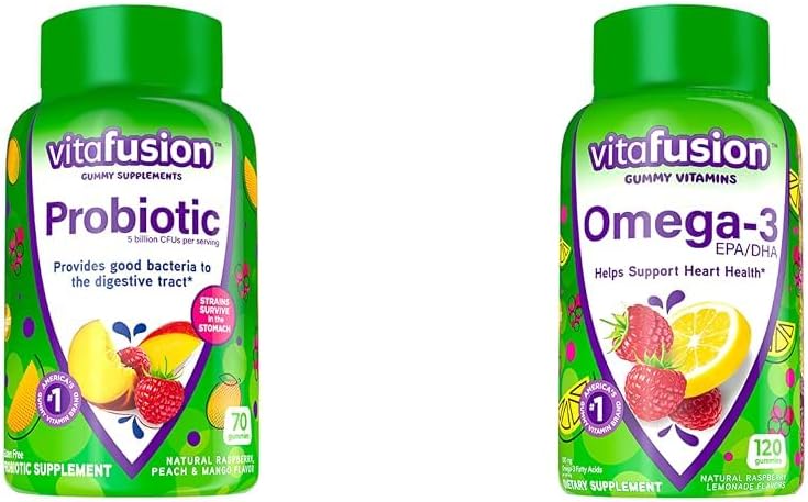 Vitafusion Probiotische Gummy Ergänzungen, Himbeere, Peach und Mango Flavors & Omega-3 Gummy Vitamine, Berry Lemonade Flavored, Herzgesundheit Vitamine(1) mit Omega