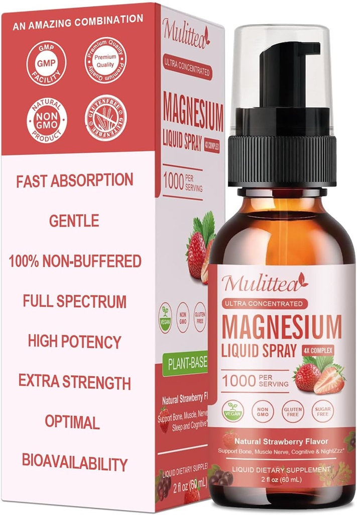 Magnesio Glycinate Liquid Spray con Citrato, Ossido & Malato, Magnesio con Vitamina Intera, L-Teanina, D3K2, B6 per Cuore, Gambe,Muscles&Energy- Sapore di fragola senza zucchero, 2 Fl Oz