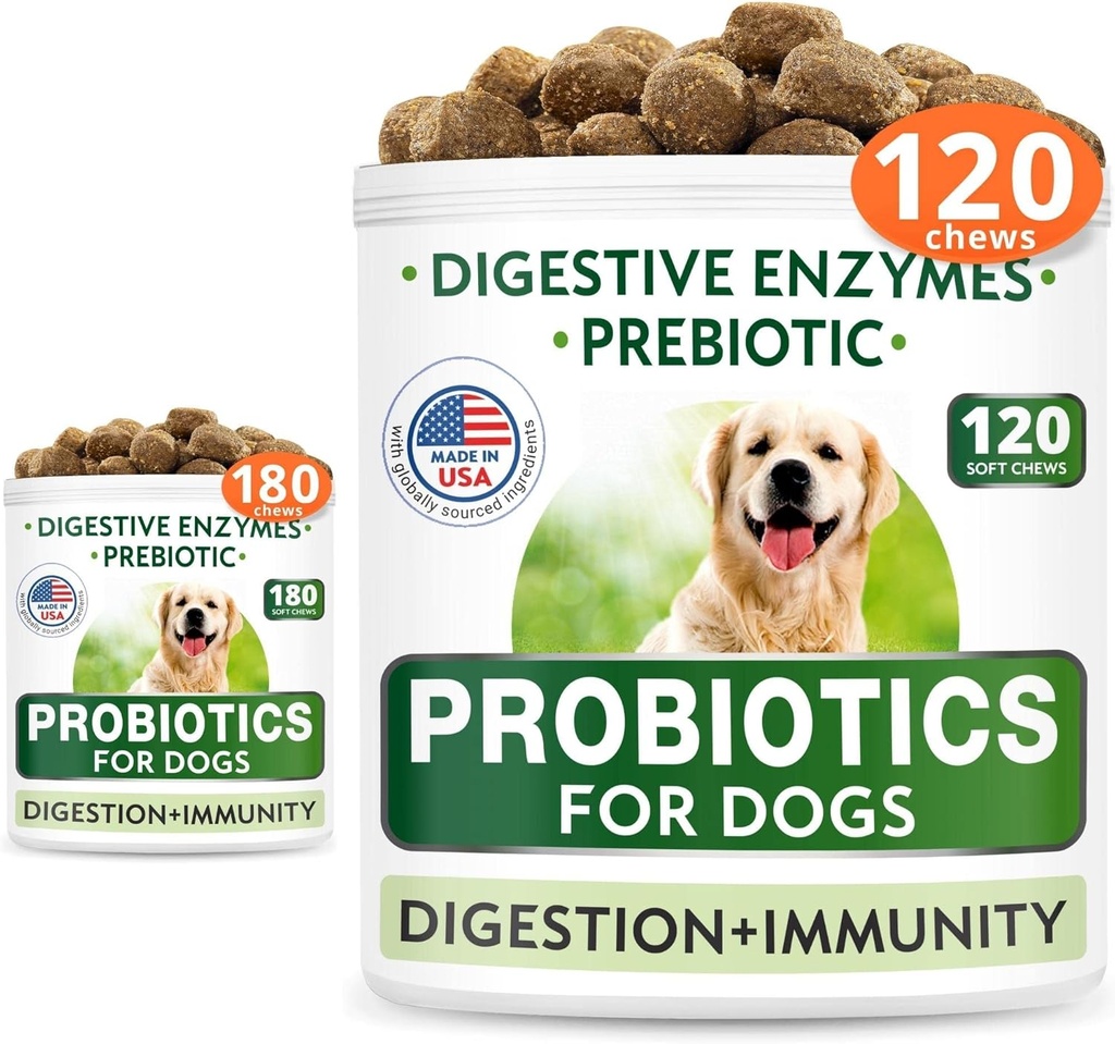 Dog Probiotics Chews Bundle - Gas, Durchfall, Allergie, Verstopfung, Upset Stomach Relief, mit Verdauungsenzymen + Präbiotika - Kaufaserergänzung - Verbesserung der Verdauung, Immunität - 300 Weiche Kauen