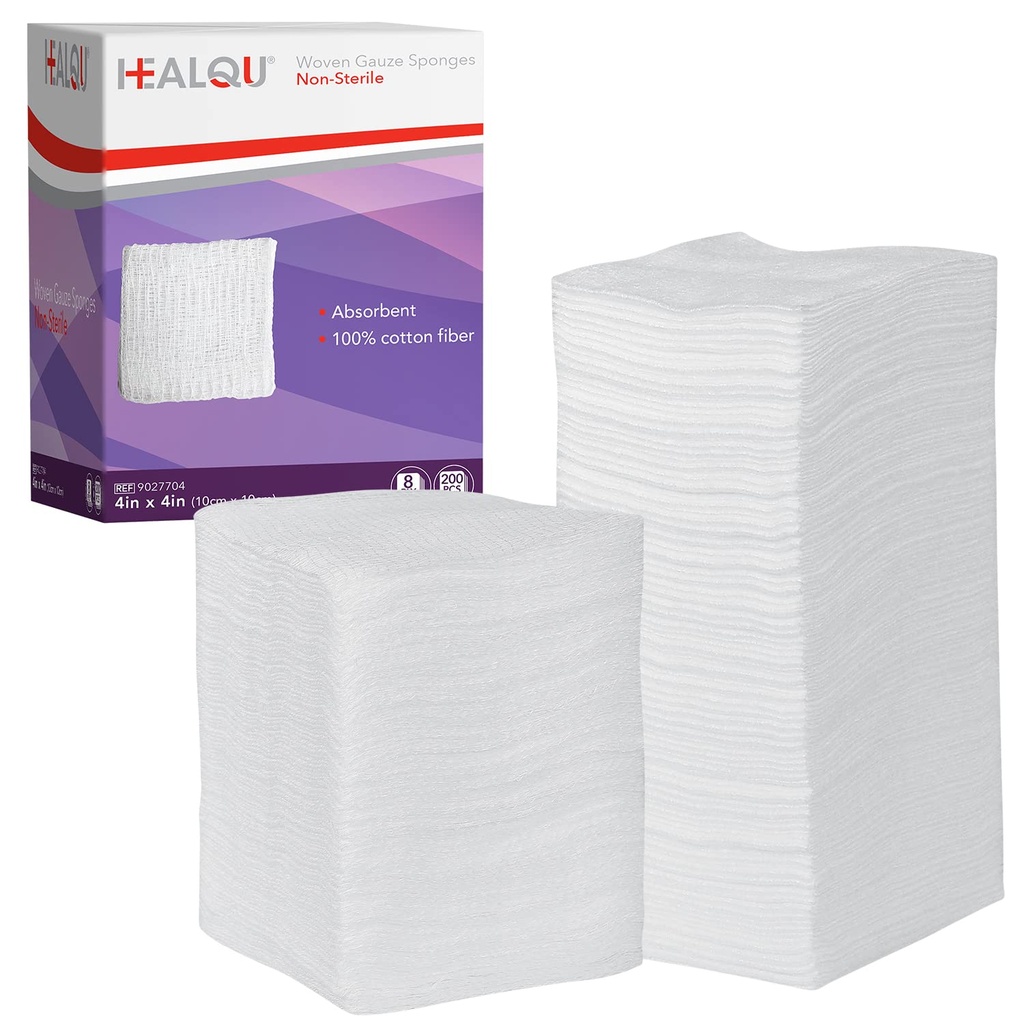 HEALQU 4x4 Gauze Pads - 12 Ply Woven Pack von 200 - Ultra-Absorbens weiche nicht-Sterile chirurgische Schwämme für Wund Dressing, Debridement, Reinigung und Prepping