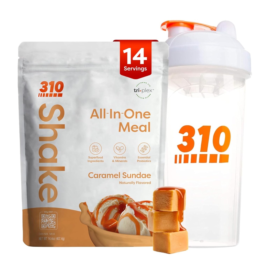 310 Ernährung All-in-One Meal Ersatz Shake Powder w/Shaker Cup Starter Kit - High Protein Fiber Rich Vegan Superfood Blend - Sugar-Free, Keto & Paleo Friendly, Low Carb - Caramel Sundae 14 srv