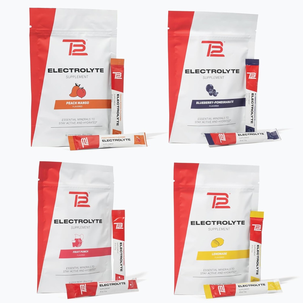 Polvere di elettrolita TB12 per rapida idratazione di Tom Brady, 4-Pack Stickpacks (Lemonade, Blueberry Pomegranate, Fruit Punch & Peach Mango), naturale, facile da mescolare. Basso zucchero, Calorie bassa (60 Servings)