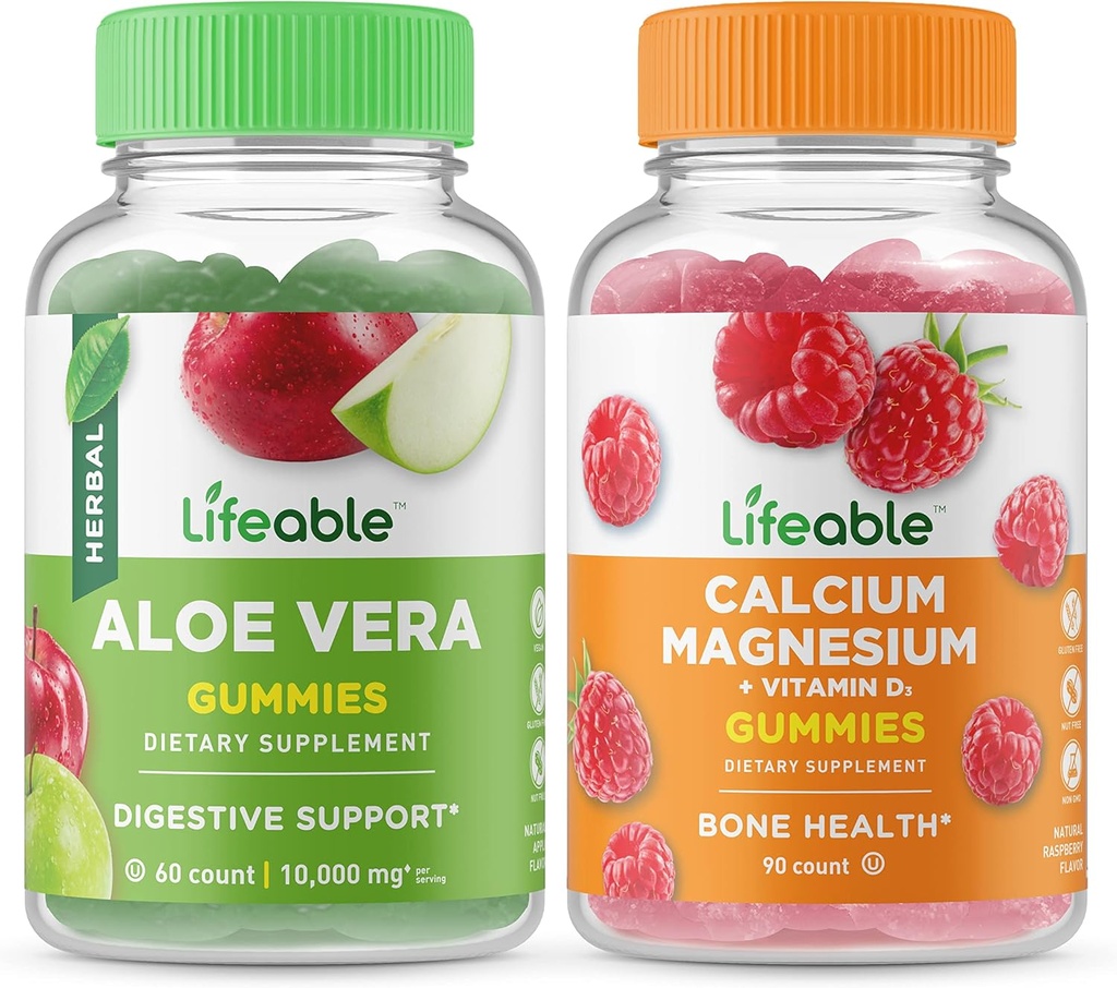 Aloe Vera Lifeable + Magnésium Calcium, Gummies Bundle - Grande dégustation, supplément de vitamine, sans gluten, sans OGM, à mâcher