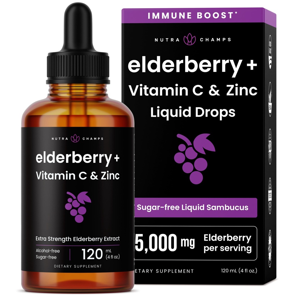 NutraChamps Organic Elderberry Syrup - 5000mg Elderberry Extrakt mit Vitamin C & Zink - Schwarze Elderberry Flüssigkeitstropfen - Zuckerfreie Immunität Booster, Vegan, Glutenfrei