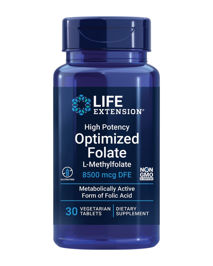 Folato ottimizzato per l'estensione della vita – L-metilfolato – Acido Folico, 8500 mcg DFE – Supporto per il cuore e il cervello, Livelli di omocisteina sani – Senza glutine, Non OGM, Vegetariano – 30 compresse