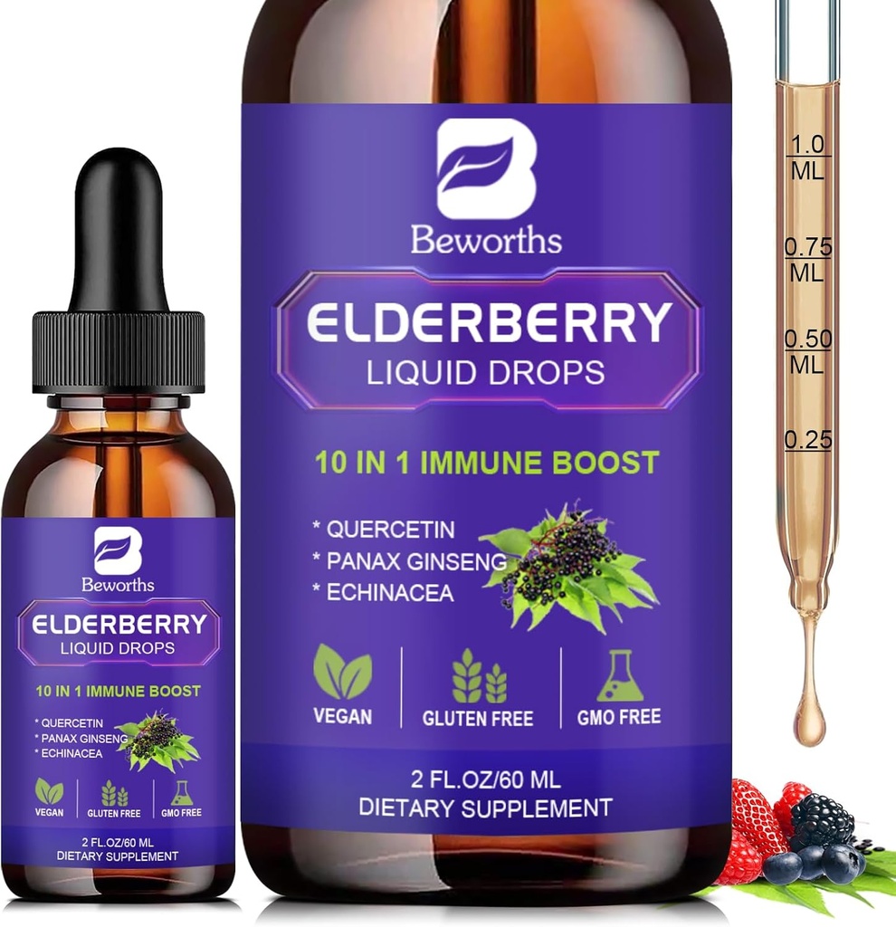Elderberry Syrup Black Elderberry Drops with Quercetin, Panax Ginseng, Vitamina C e Zinc, Sambucus Elderberry Syrup Liquid, Vegan, Non OGM & Gluten Free